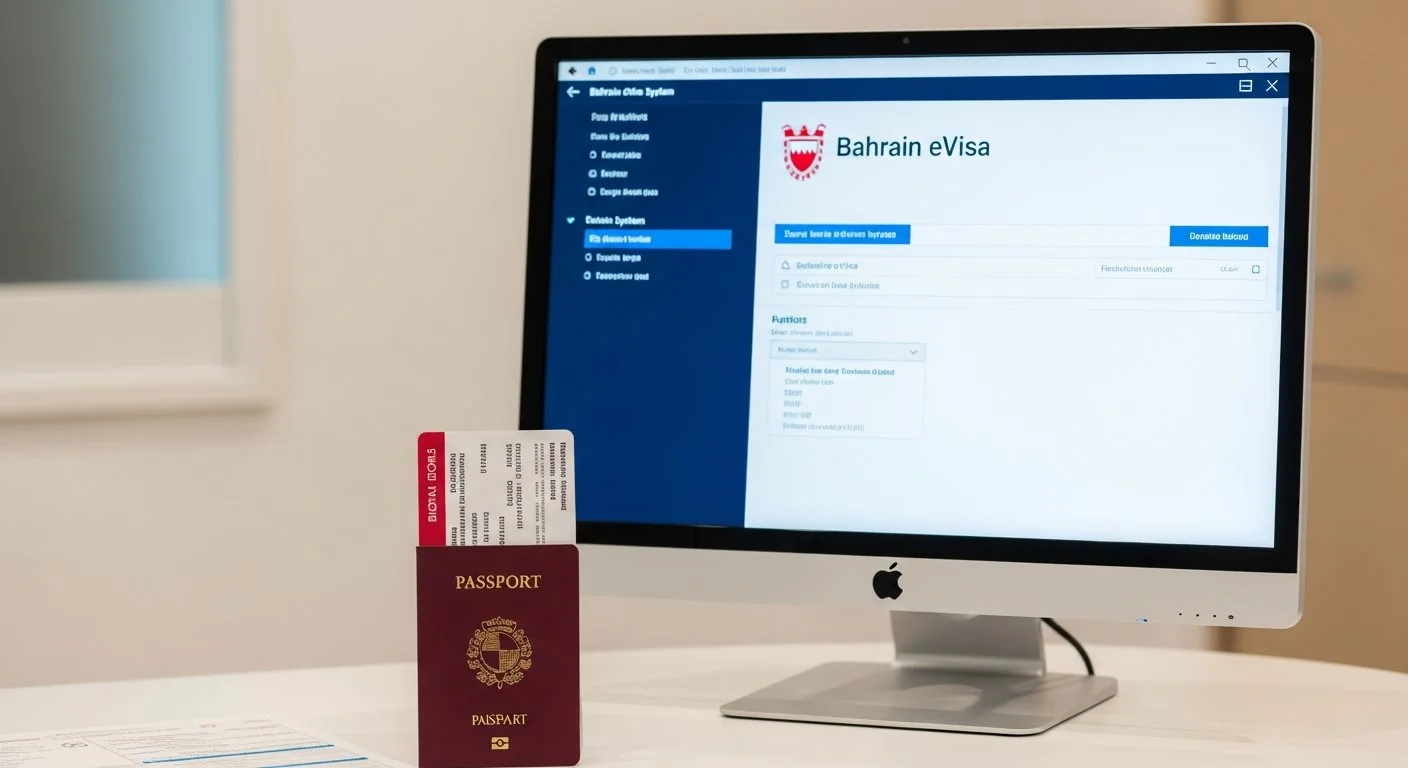 Digital illustration of Bahrain eVisa application system interface